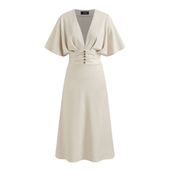 Cider Linen Blend V-Neck Solid Ruffle Ruched Midi Dress Women's 10 - Picture 1 of 10